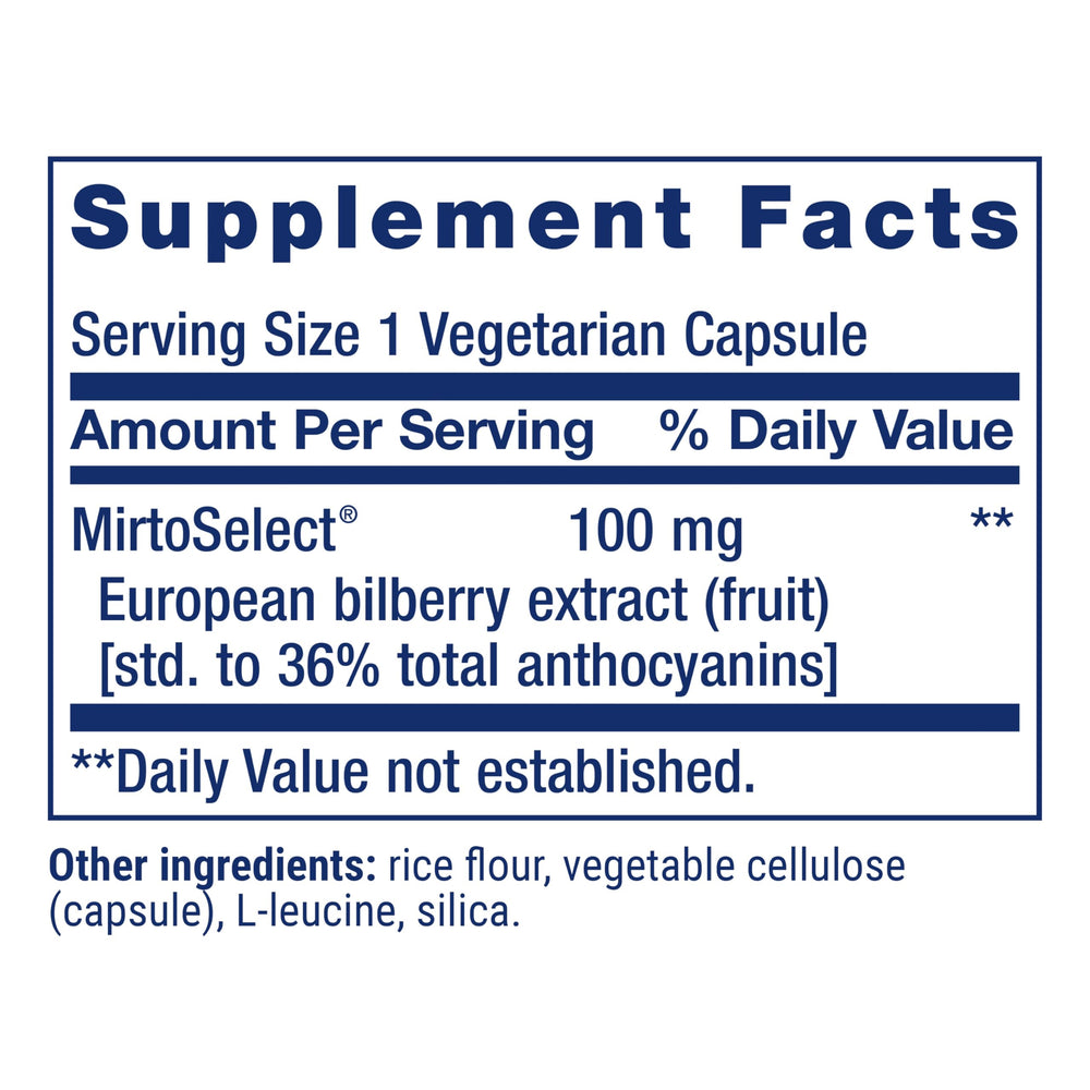 Life Extension Bilberry European Extract label detail with MirtoSelect and 36% anthocyanins