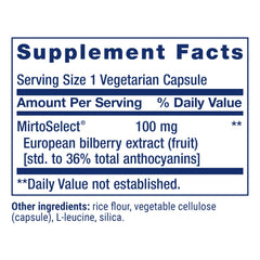 Life Extension Bilberry European Extract label detail with MirtoSelect and 36% anthocyanins
