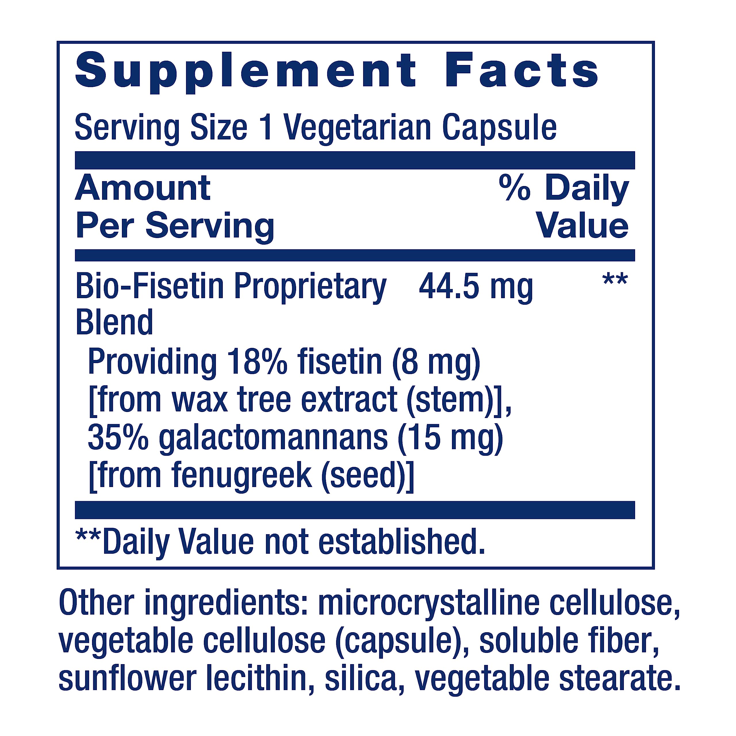Label highlights gluten-free and vegetarian features for Life Extension Bio-Fisetin
