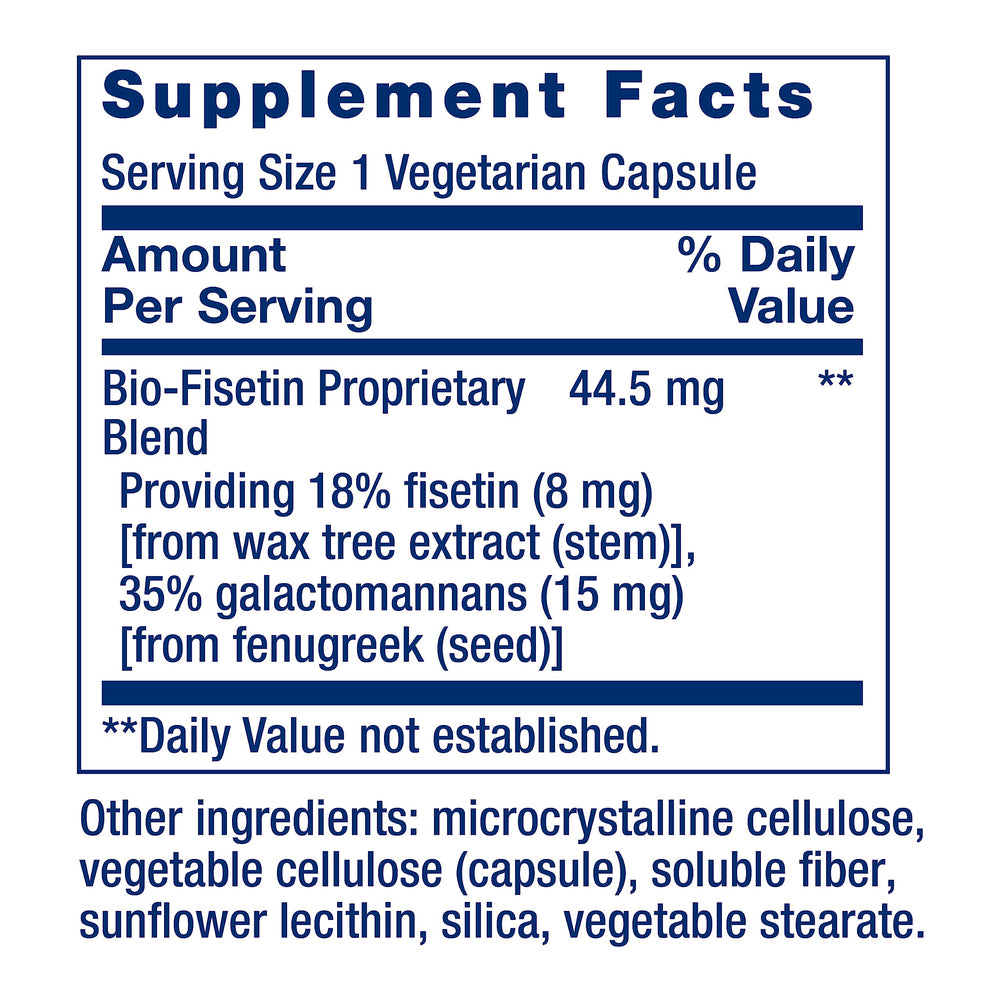 Label highlights gluten-free and vegetarian features for Life Extension Bio-Fisetin