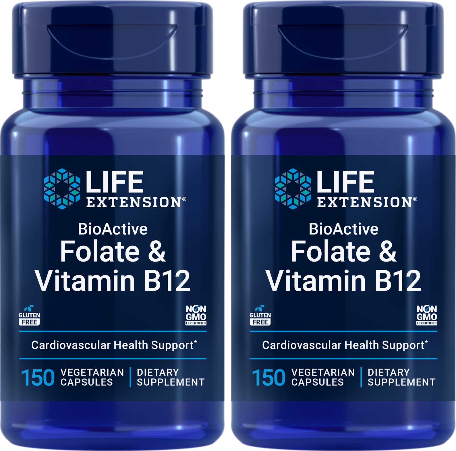 Life Extension BioActive Folate & B12 bottle front view supports daily vitality