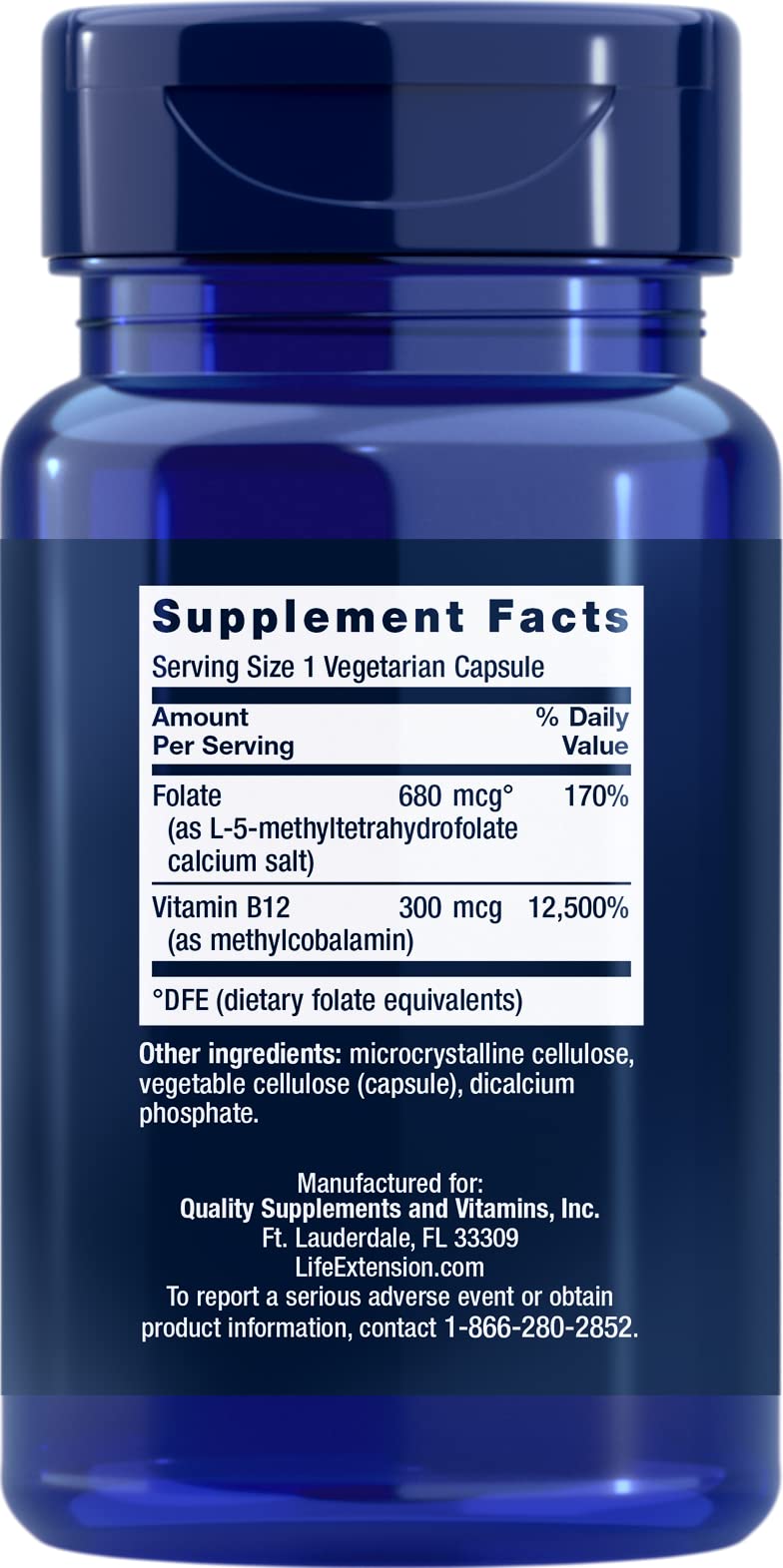 Life Extension BioActive Folate & B12 capsules close-up highlights methylcobalamin for brain health