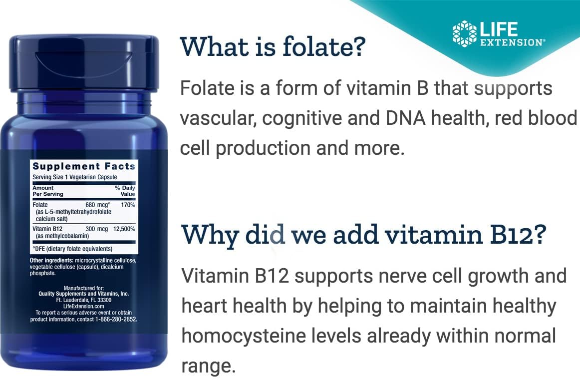 Life Extension BioActive Folate & B12 pack of 2 label communicates convenient daily support