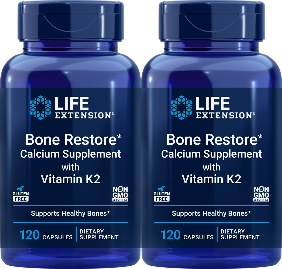 Life Extension Bone Restore bottle with capsules supporting daily calcium intake.