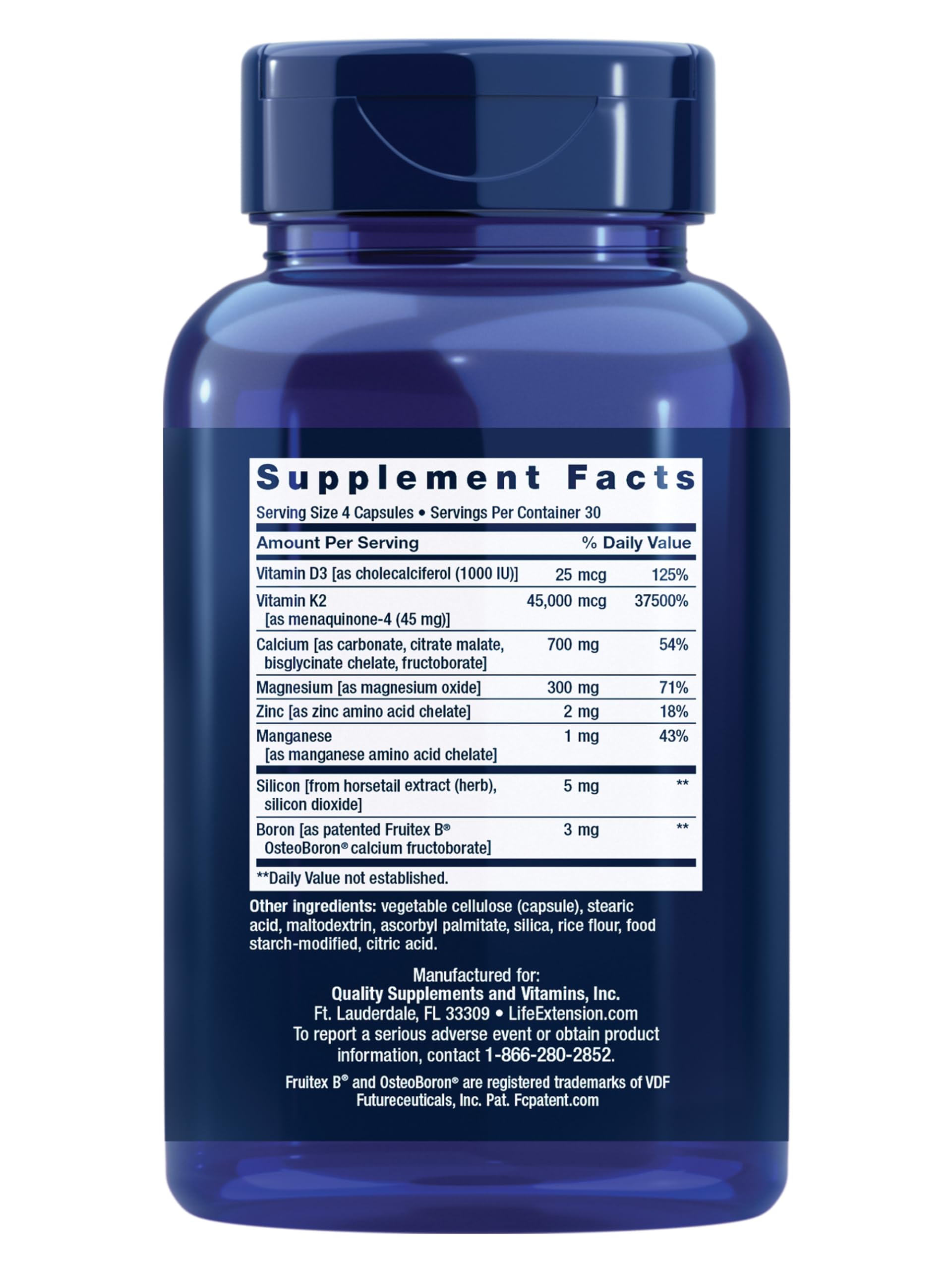 Life Extension Bone Restore Elite label highlights non-GMO gluten-free calcium blend for bones.
