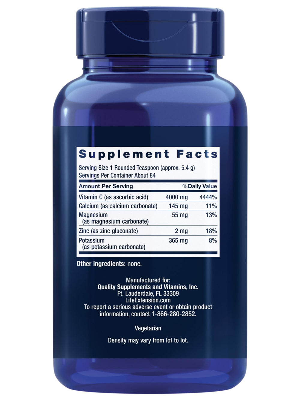 Life Extension Buffered Vitamin C Powder label close-up showing buffering minerals