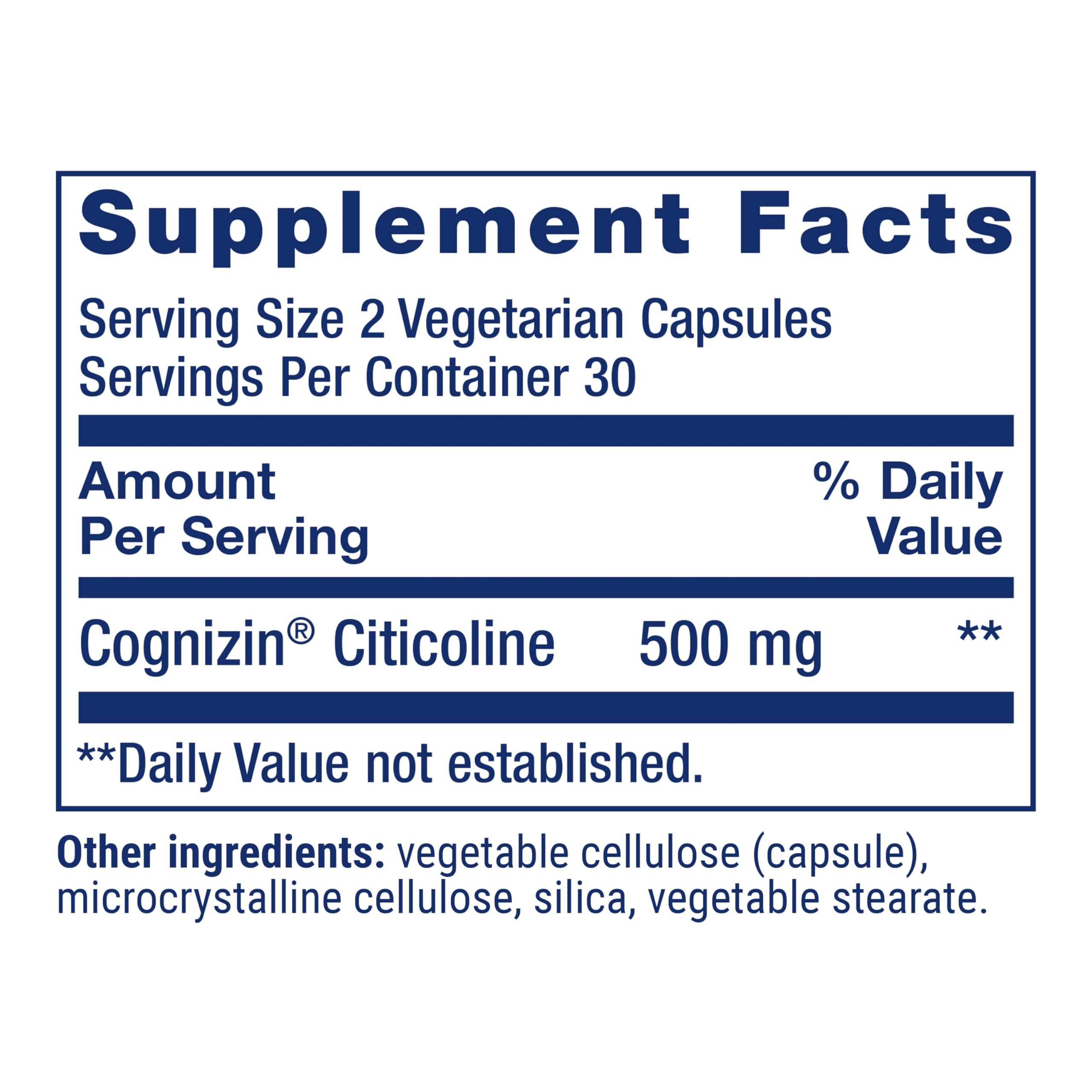 Life Extension Citicoline packaging label highlights gluten-free and non-GMO ingredients