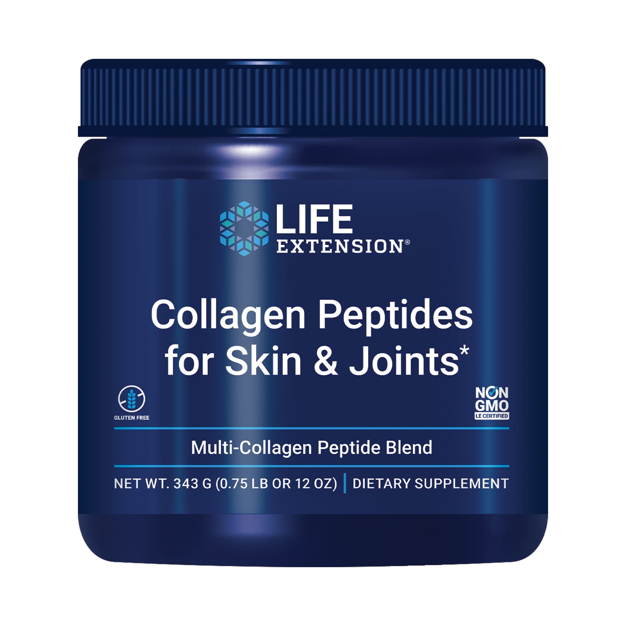 Life Extension Collagen Peptides tub highlights skin and joints support for daily comfort.