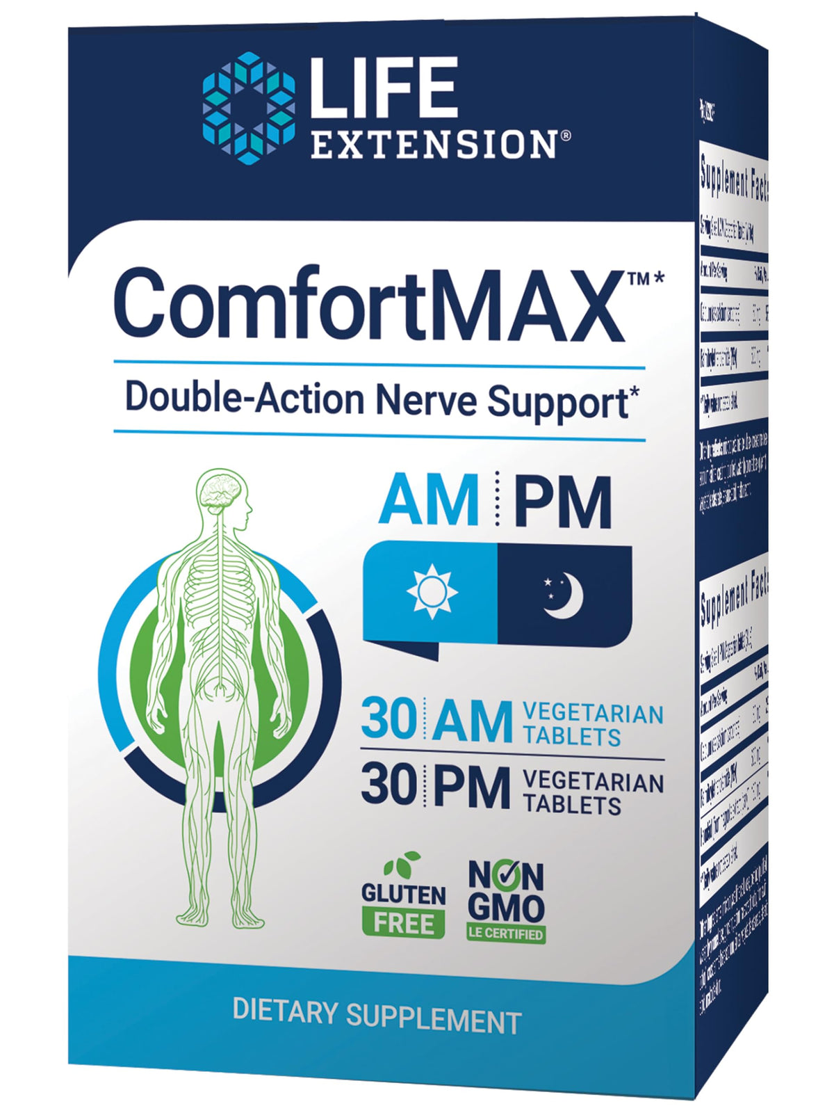 Life Extension ComfortMAX bottle close-up highlighting PEA and honokiol for everyday comfort.