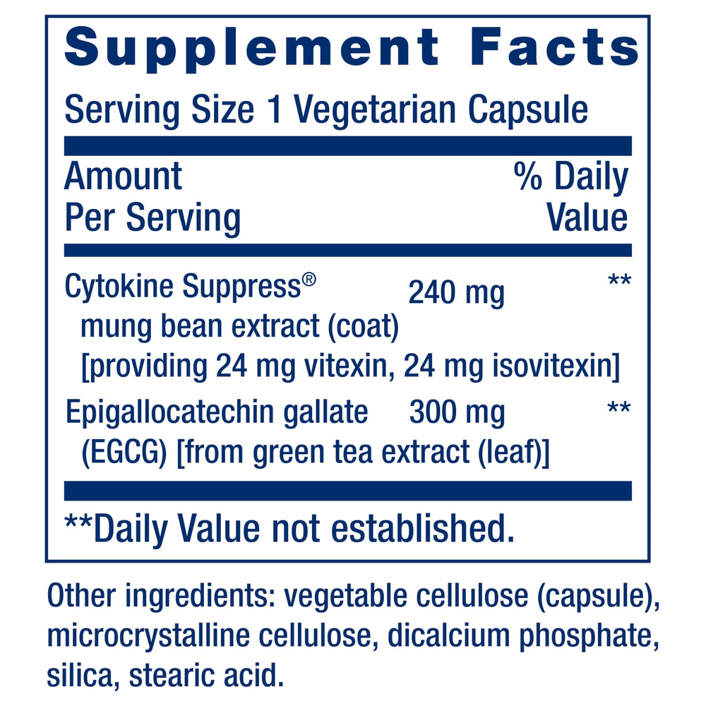 Life Extension Cytokine Suppress EGCG capsules close-up, 30-count vegetarian capsules.