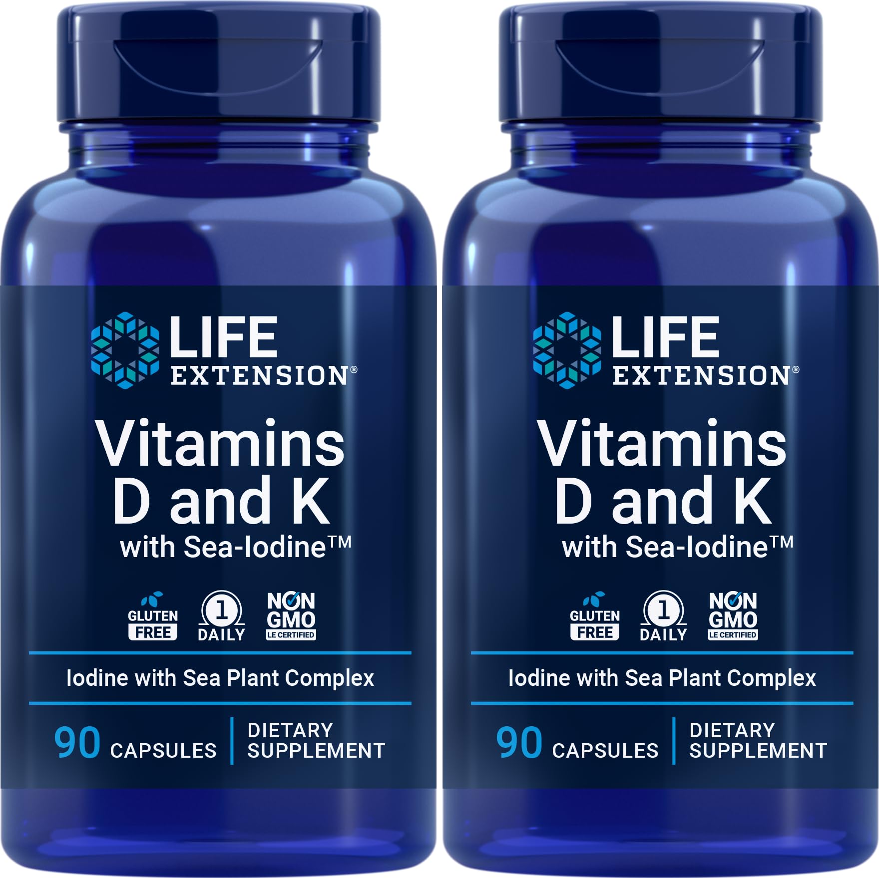 Life Extension D & K Sea-Iodine bottle with 2-pack capsules for daily wellness support.