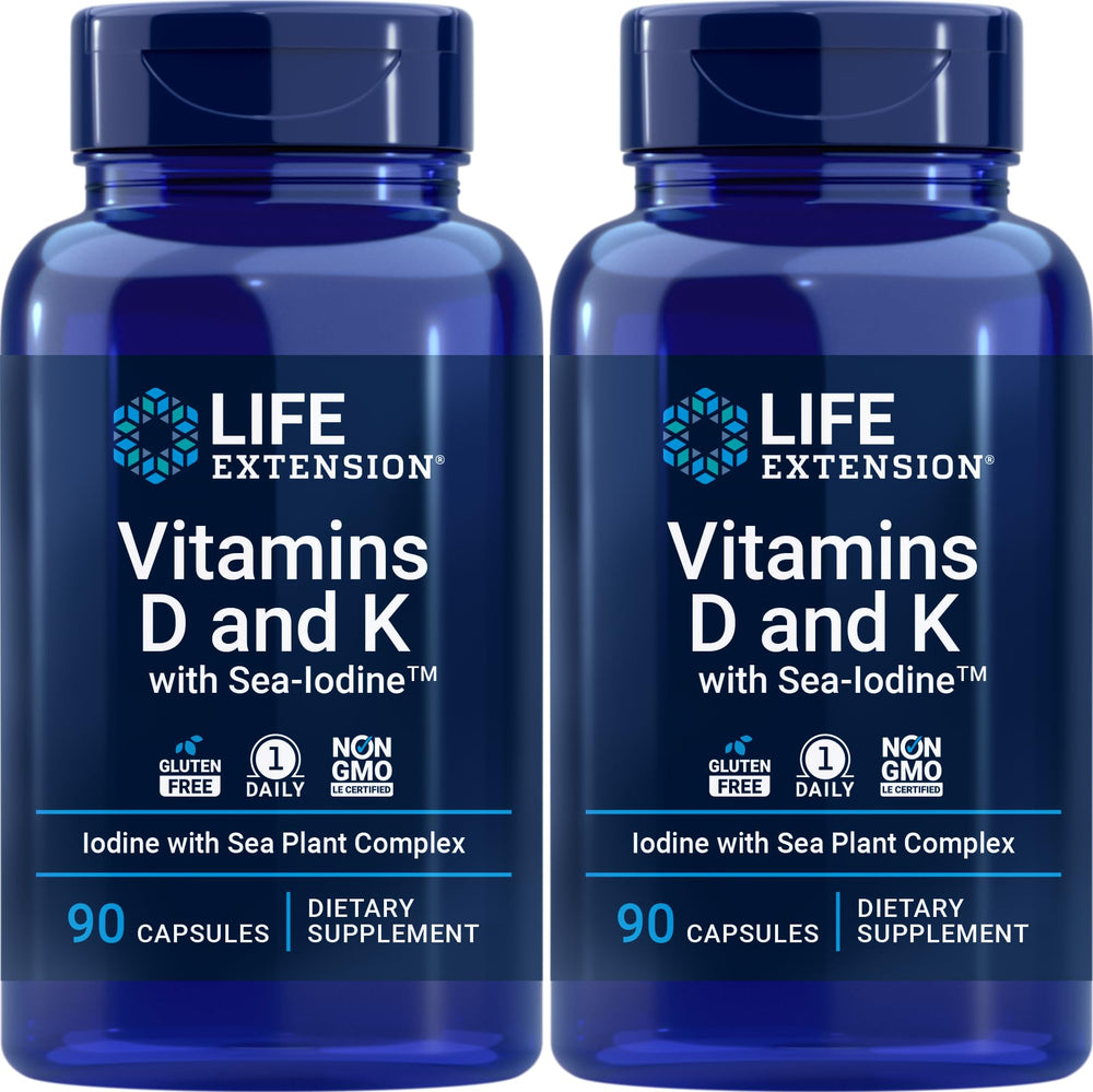 Life Extension D & K Sea-Iodine bottle with 2-pack capsules for daily wellness support.