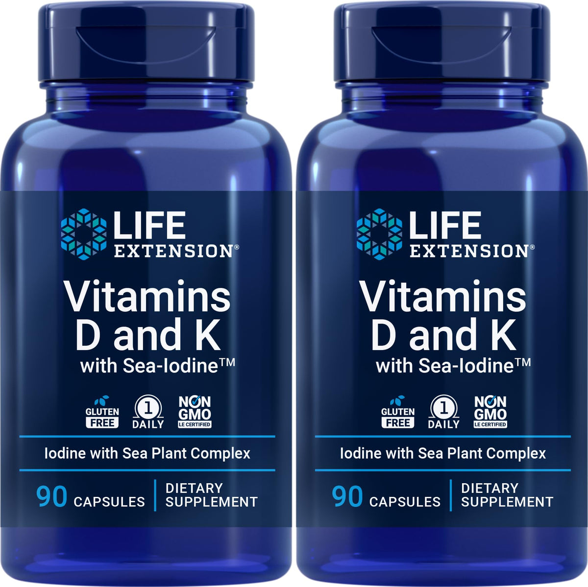 Life Extension D & K Sea-Iodine bottle with 2-pack capsules for daily wellness support.