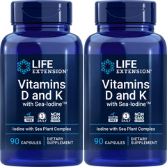Life Extension D & K Sea-Iodine bottle with 2-pack capsules for daily wellness support.