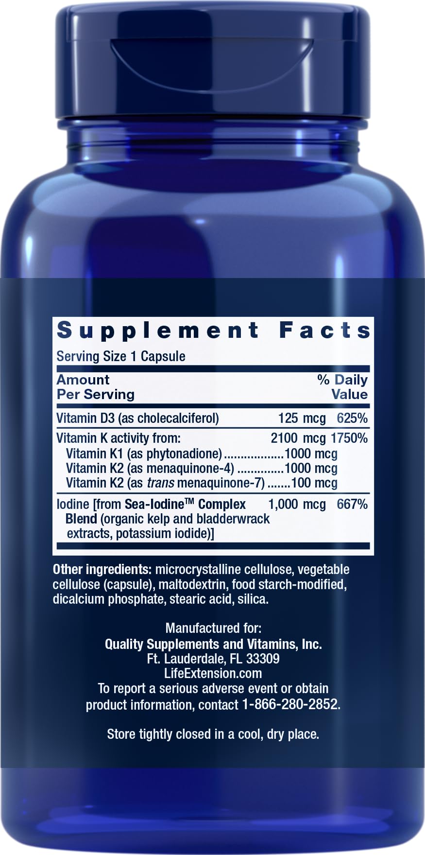 Life Extension D & K Sea-Iodine label close-up highlighting vitamin blend.
