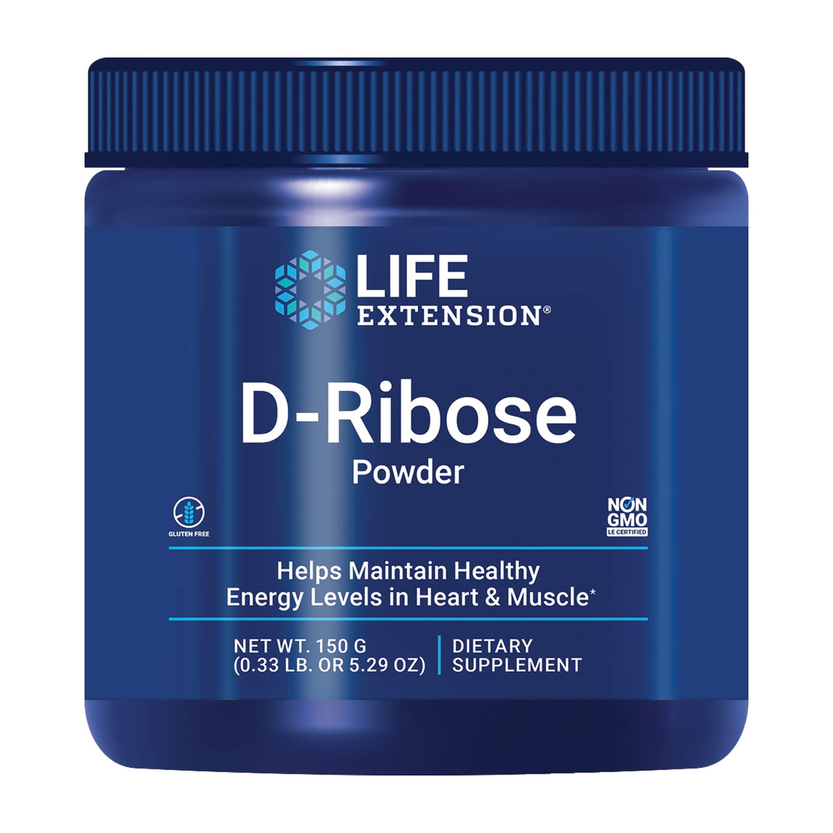 Life Extension D-Ribose Powder tub closeup highlights premium energy support.