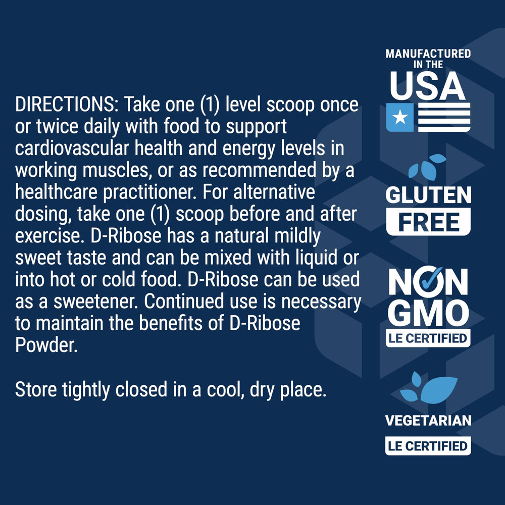 Life Extension D-Ribose Powder produced in the USA for quality assurance.