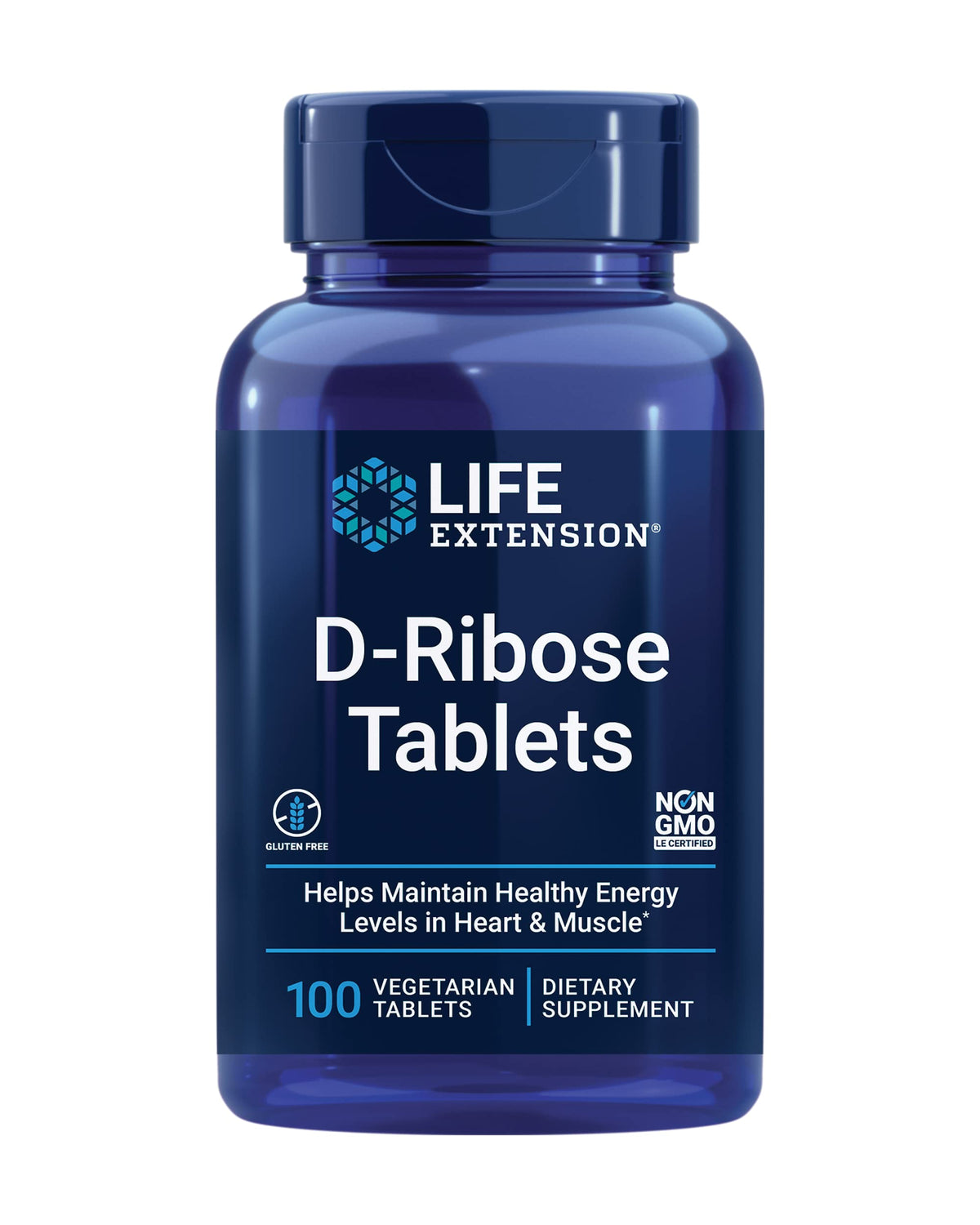 Life Extension D-Ribose Tablets bottle shows energy support and calcium boost
