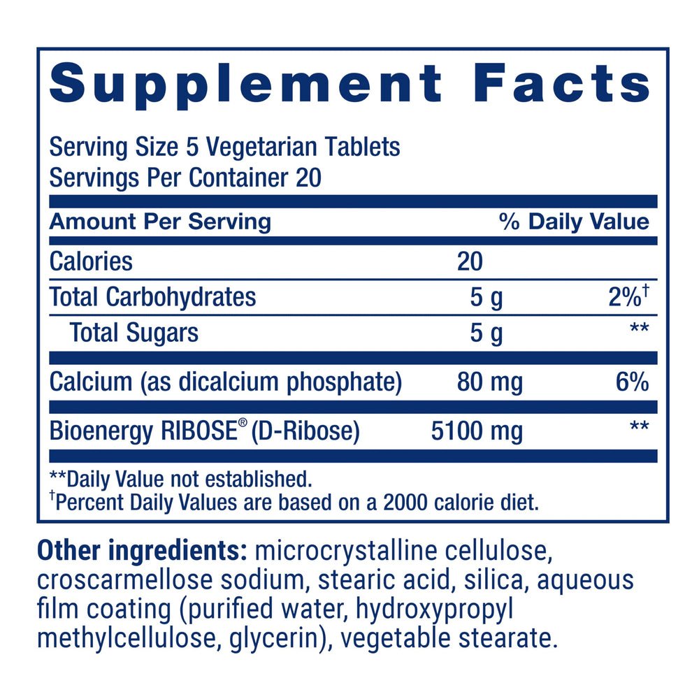 Life Extension D-Ribose Tablets dosage illustration with five tablets per serving