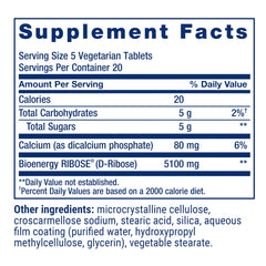 Life Extension D-Ribose Tablets dosage illustration with five tablets per serving