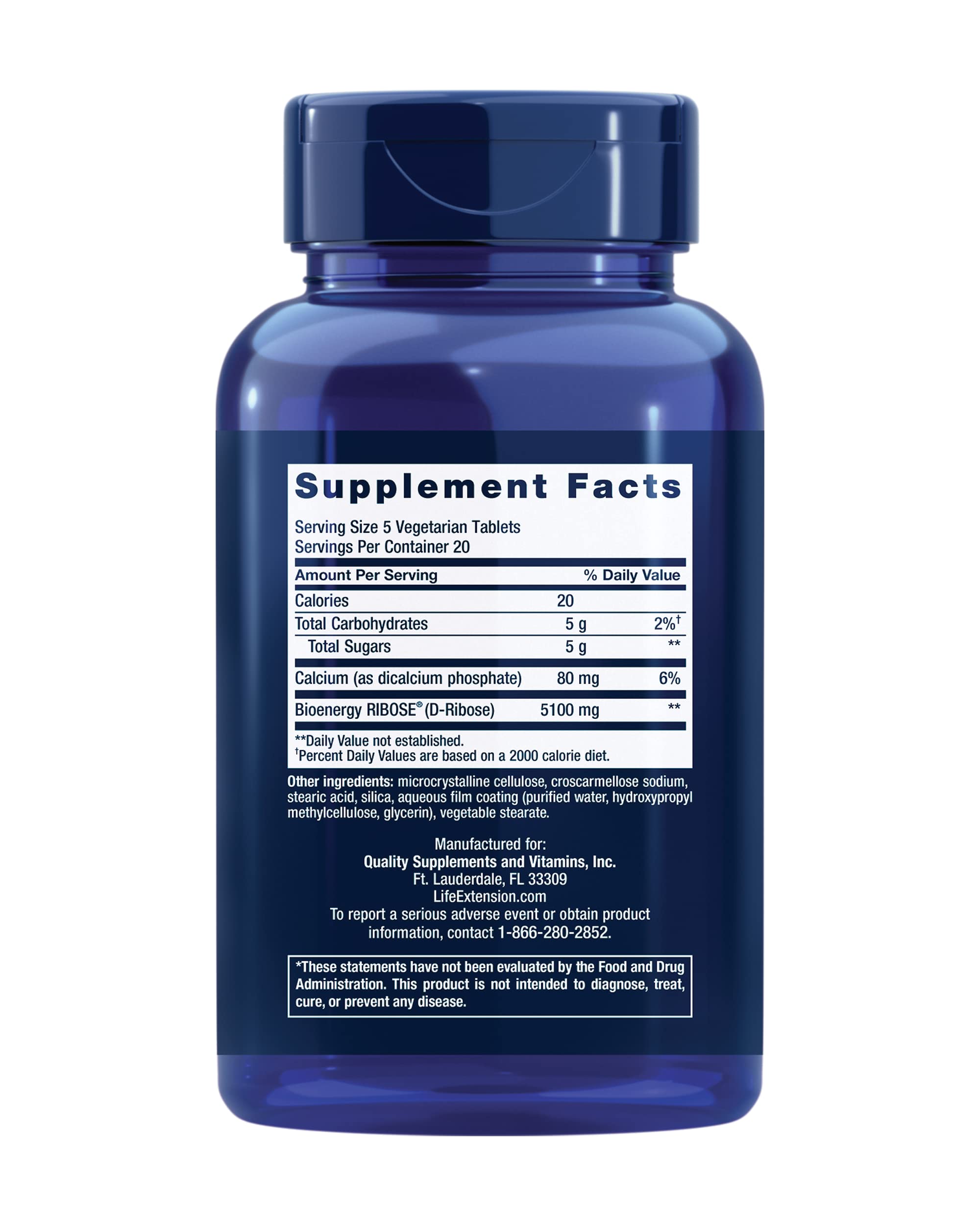 Life Extension D-Ribose Tablets label highlights gluten-free non-GMO vegan ingredients