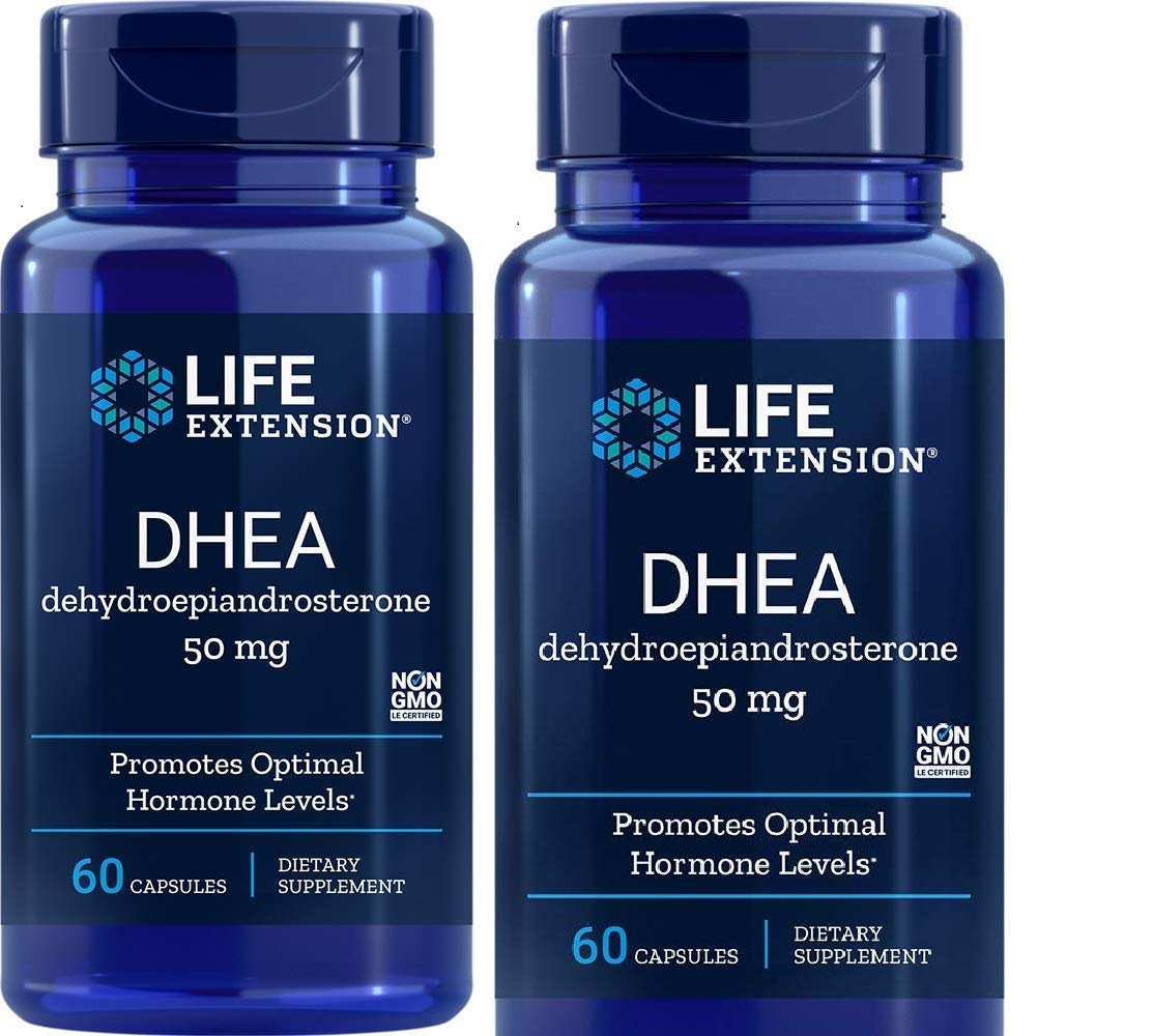 Life Extension DHEA 50 mg bottle and two-pack on shelf, supports daily wellness routine