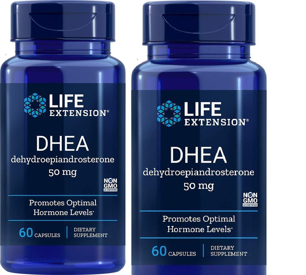 Life Extension DHEA 50 mg bottle and two-pack on shelf, supports daily wellness routine