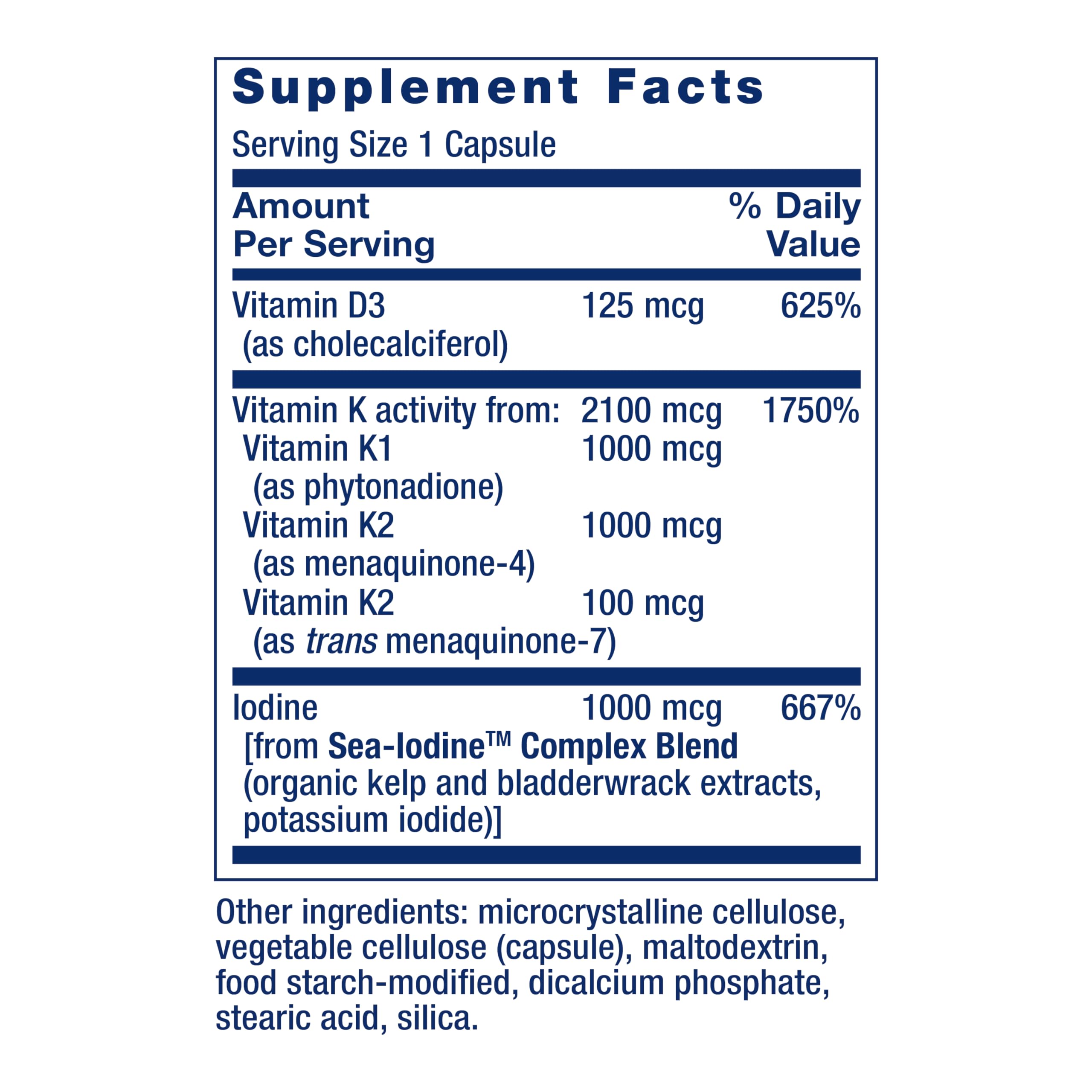 Life Extension D and K SeaIodine bottle label detail emphasizes ingredients.