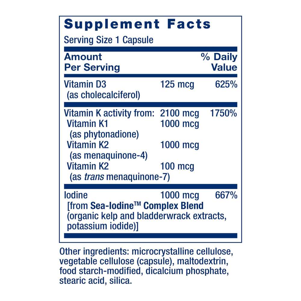 Life Extension D and K SeaIodine bottle label detail emphasizes ingredients.