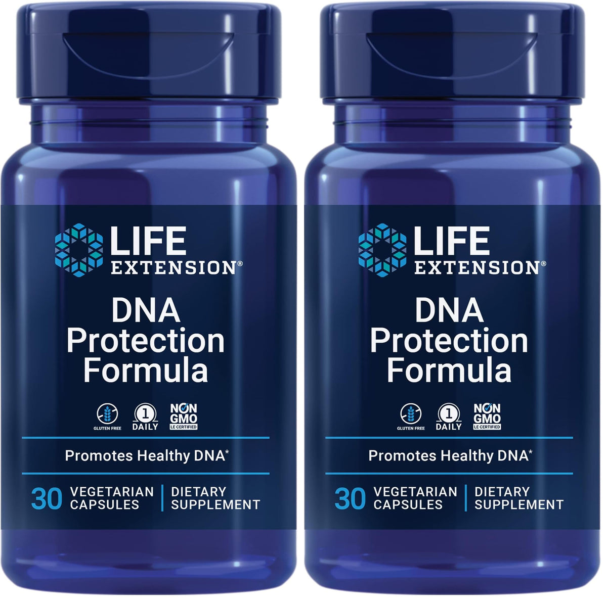 Life Extension DNA Protection Formula bottle pour showing daily supplementation use.