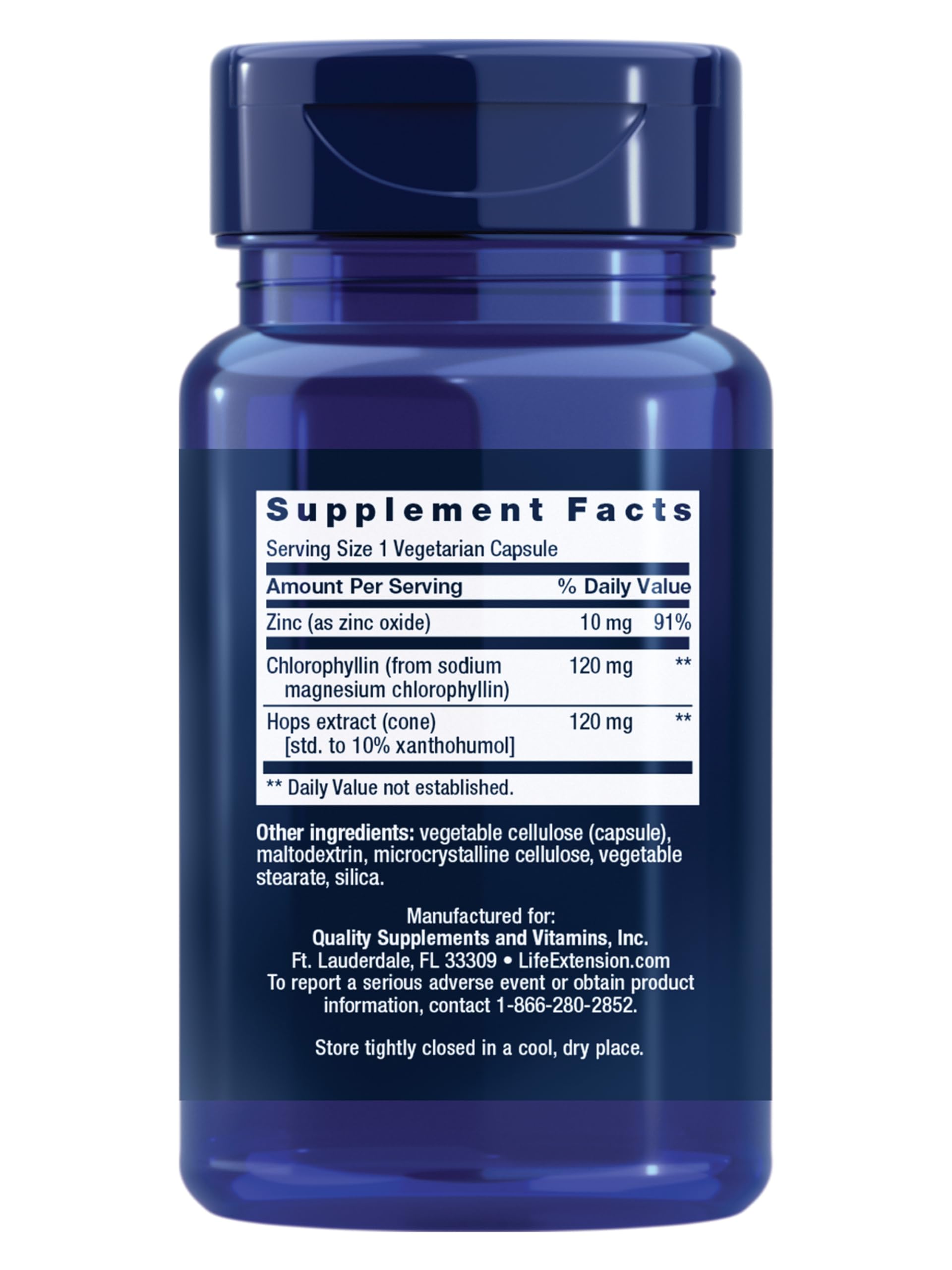 Life Extension DNA Protection Formula label close-up highlights hops and chlorophyllin.