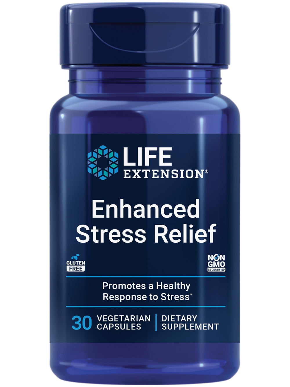 Life Extension Enhanced Stress Relief bottle front view promoting calm focus for busy days.