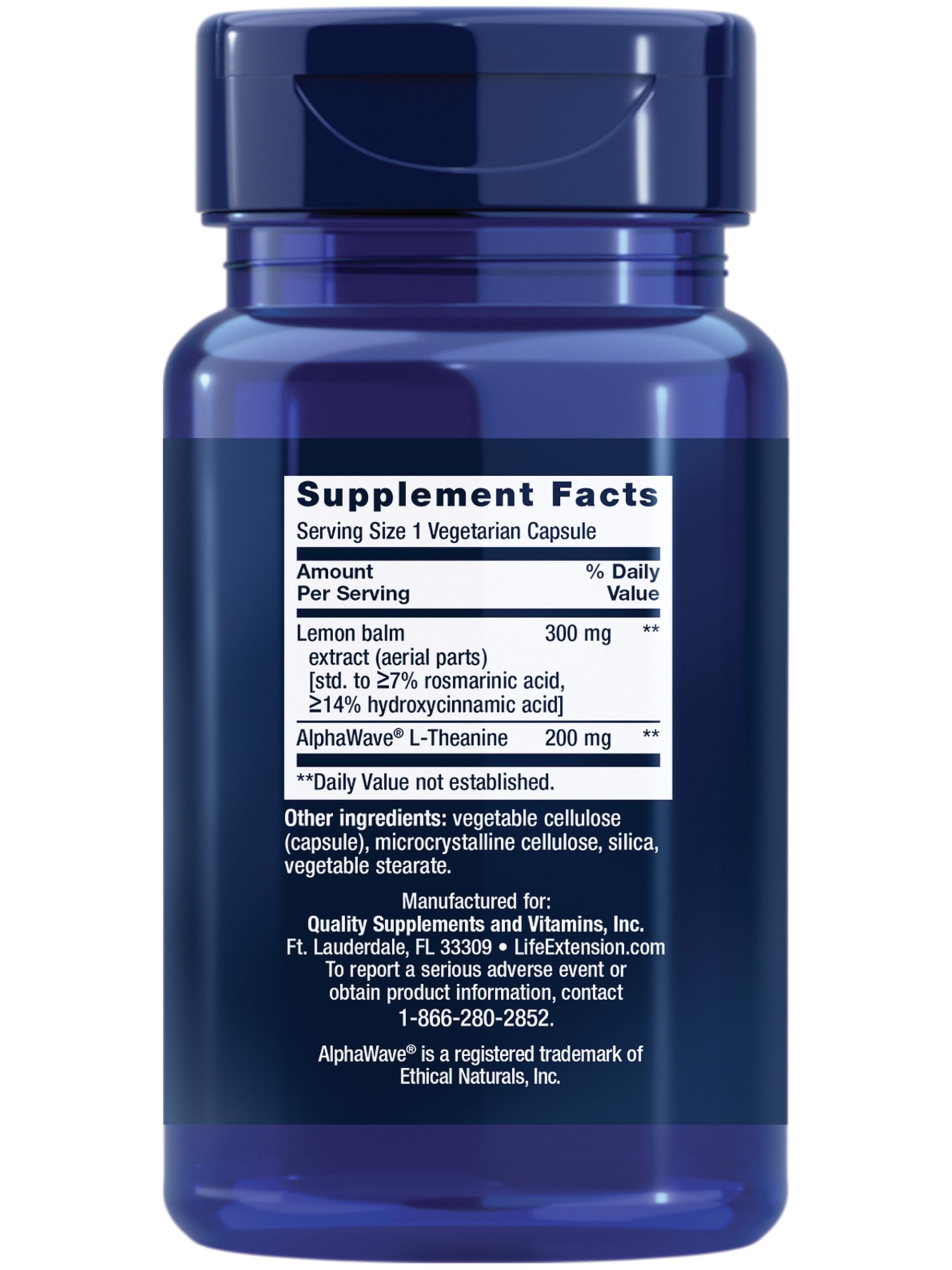 Life Extension Enhanced Stress Relief ingredient label close-up highlighting lemon balm and L-theanine.