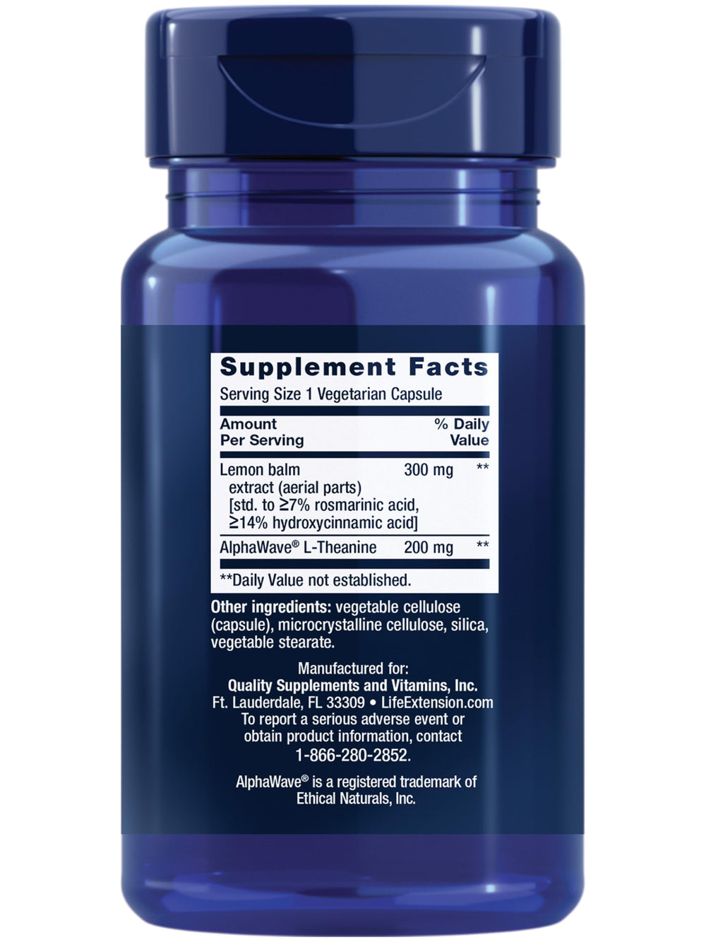 Life Extension Enhanced Stress Relief ingredient label close-up highlighting lemon balm and L-theanine.