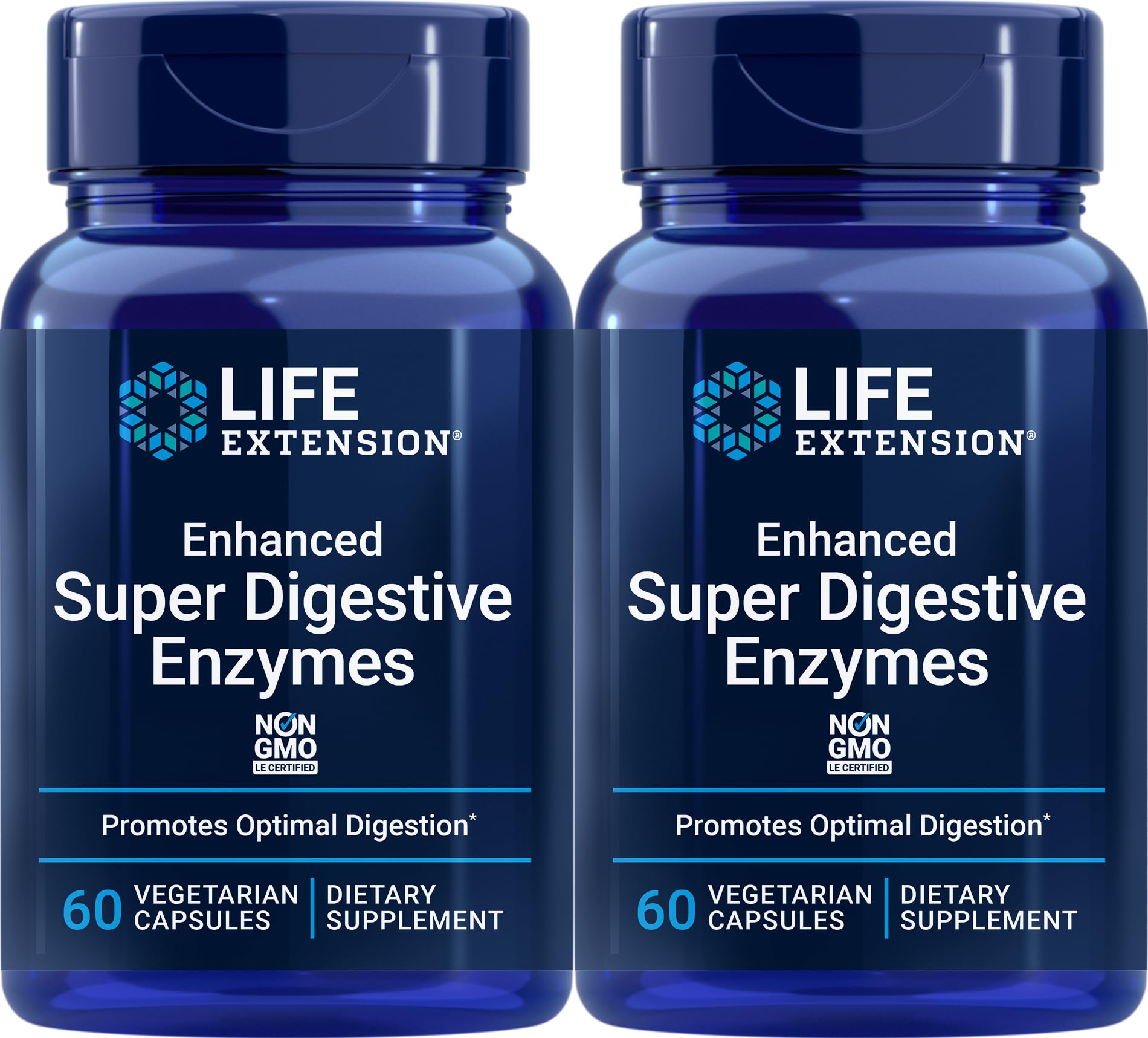 Life Extension Enhanced Super Digestive Enzymes bottle showing plant-based enzyme blend for digestion support