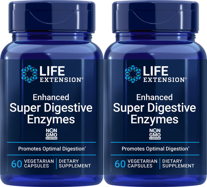 Life Extension Enhanced Super Digestive Enzymes bottle showing plant-based enzyme blend for digestion support