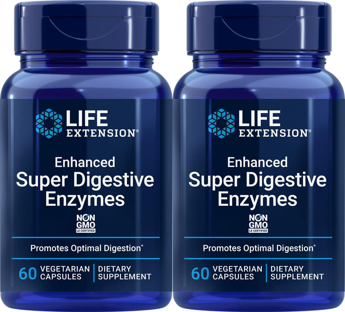 Life Extension Enhanced Super Digestive Enzymes bottle showing plant-based enzyme blend for digestion support