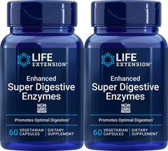 Life Extension Enhanced Super Digestive Enzymes bottle showing plant-based enzyme blend for digestion support