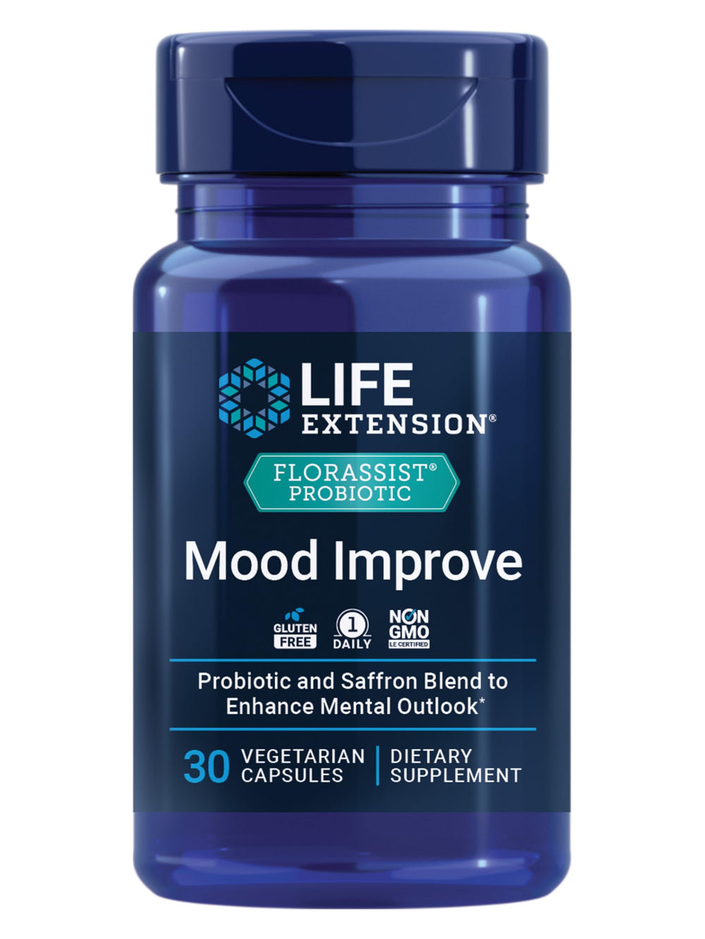 Life Extension FlorAssist bottle front label visible, signaling daily mood support