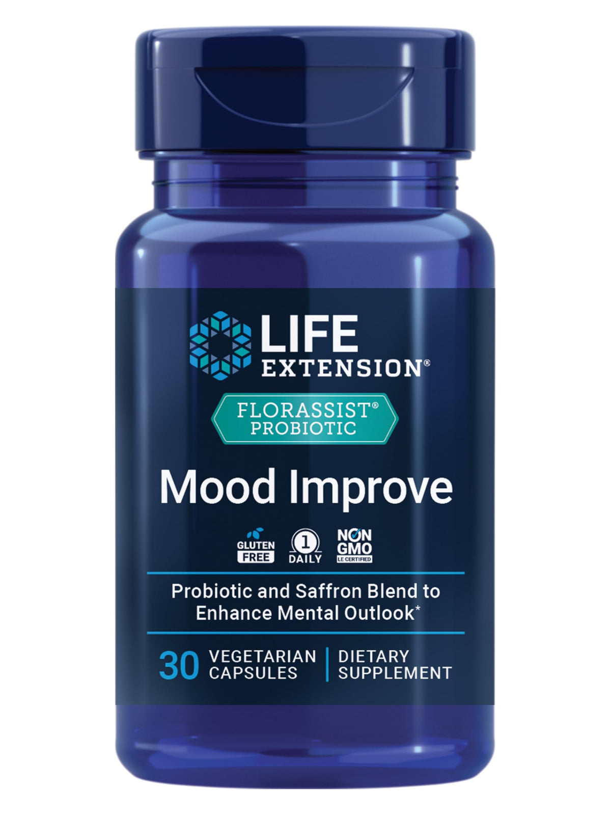 Life Extension FlorAssist bottle front label visible, signaling daily mood support