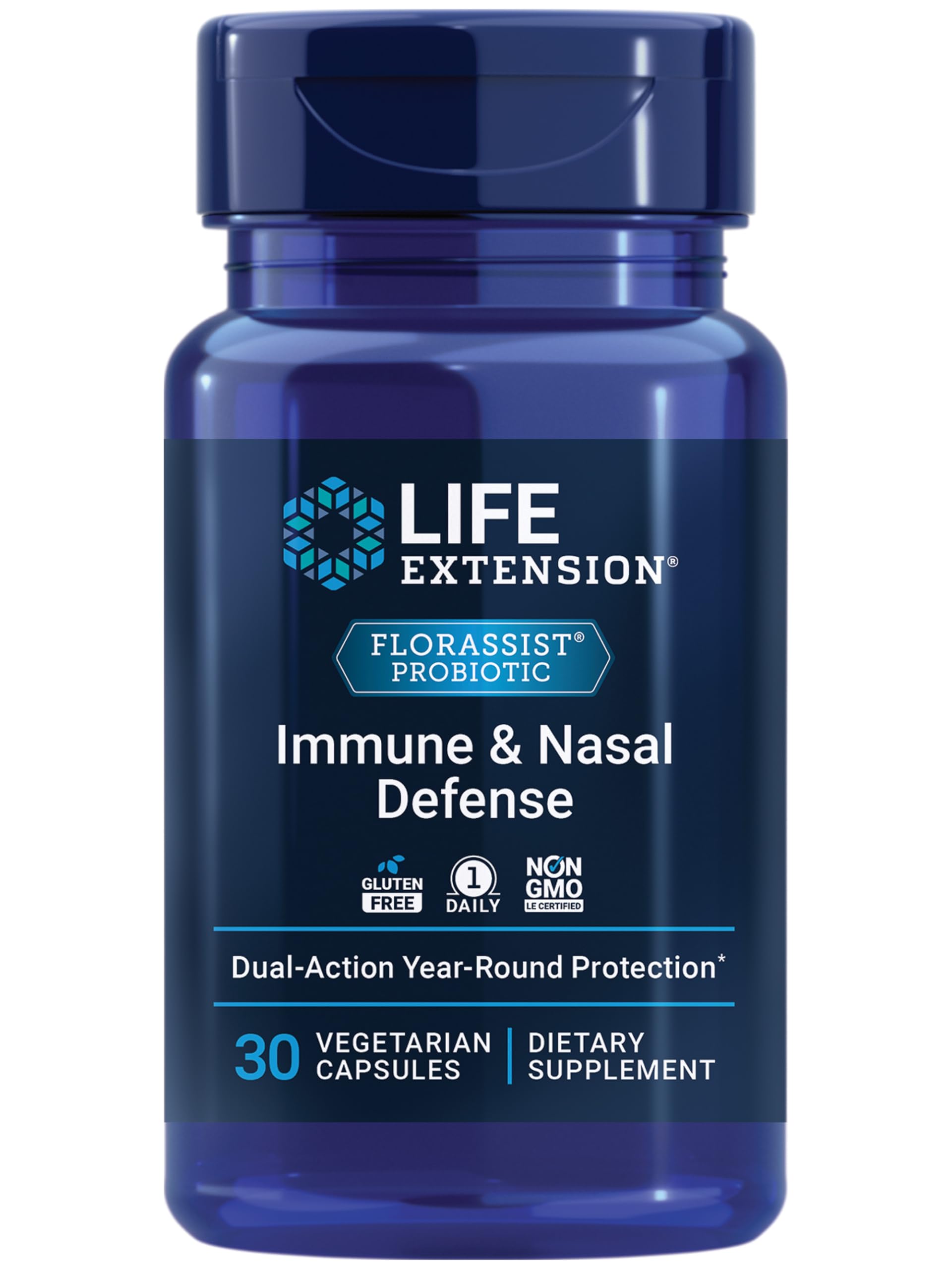 Life Extension FlorAssist Immune & Nasal Defense bottle with easy daily capsules for immune support