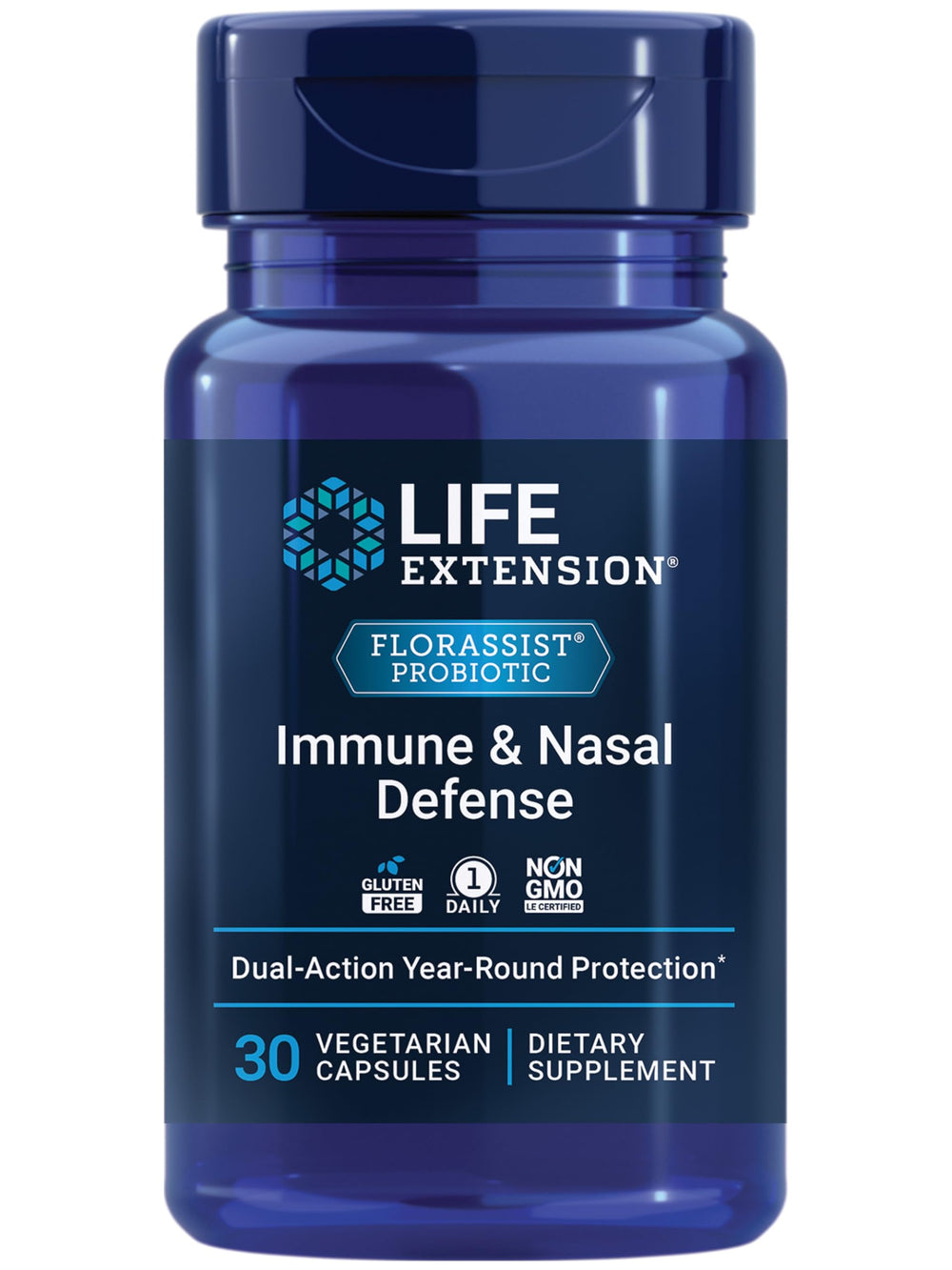 Life Extension FlorAssist Immune & Nasal Defense bottle with easy daily capsules for immune support
