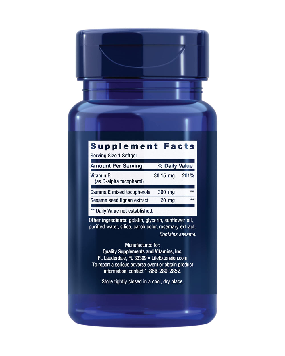 Life Extension Gamma E mixed tocopherols bottle back nutrition panel highlights tocopherol forms