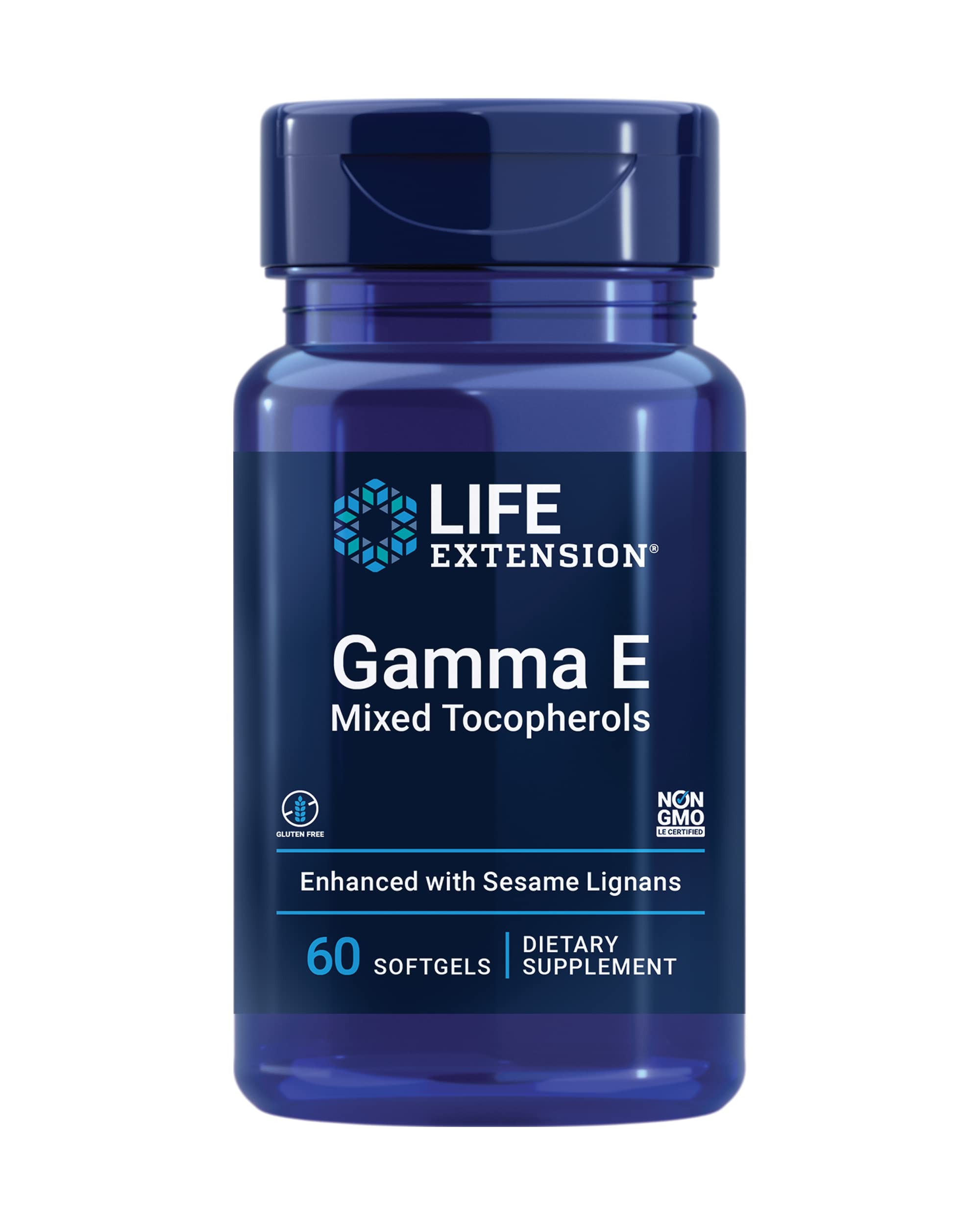 Life Extension Gamma E mixed tocopherols bottle front showing packaging and vitamin E protection