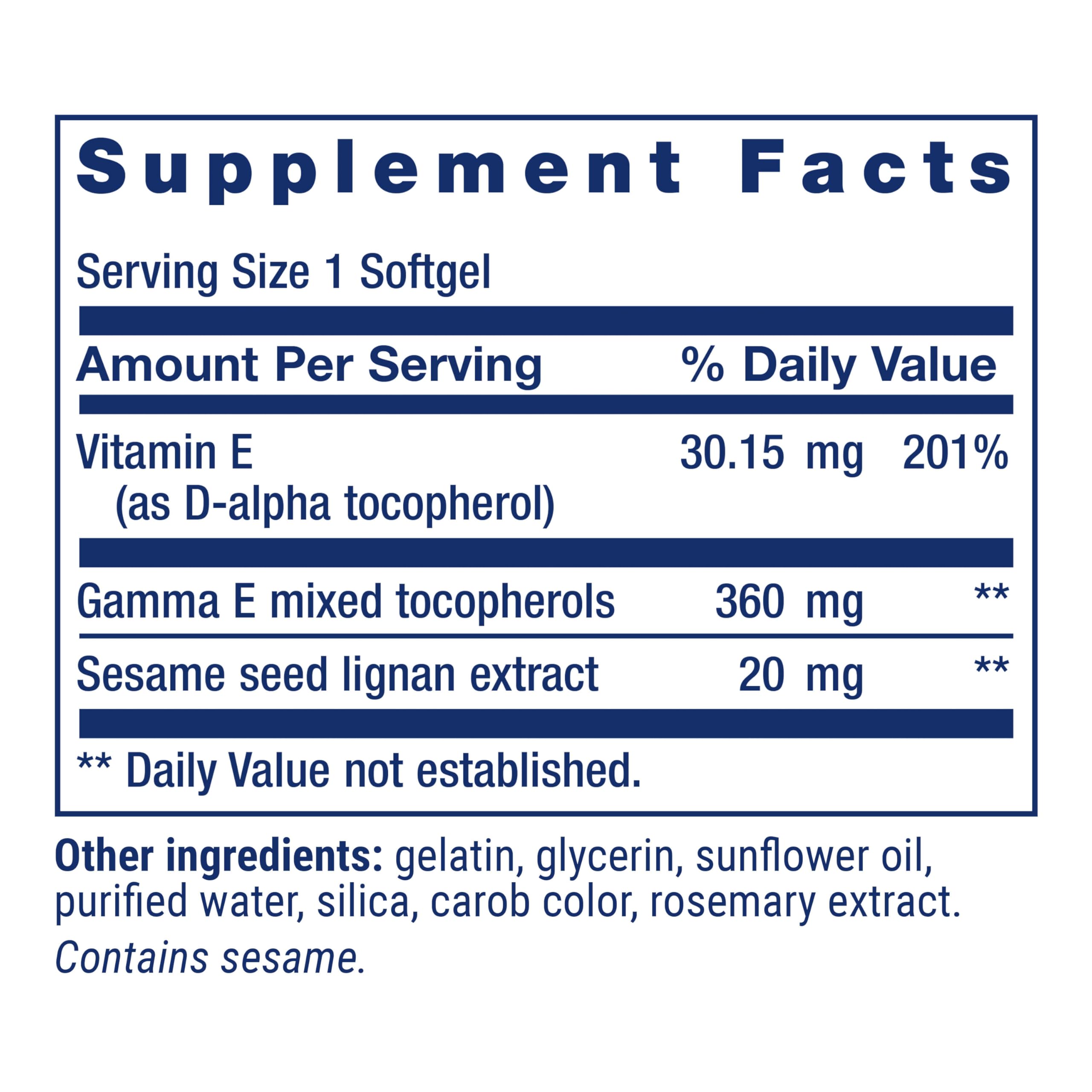 Life Extension Gamma E mixed tocopherols capsules close-up of gluten-free non-GMO softgels