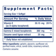 Life Extension Gamma E mixed tocopherols capsules close-up of gluten-free non-GMO softgels