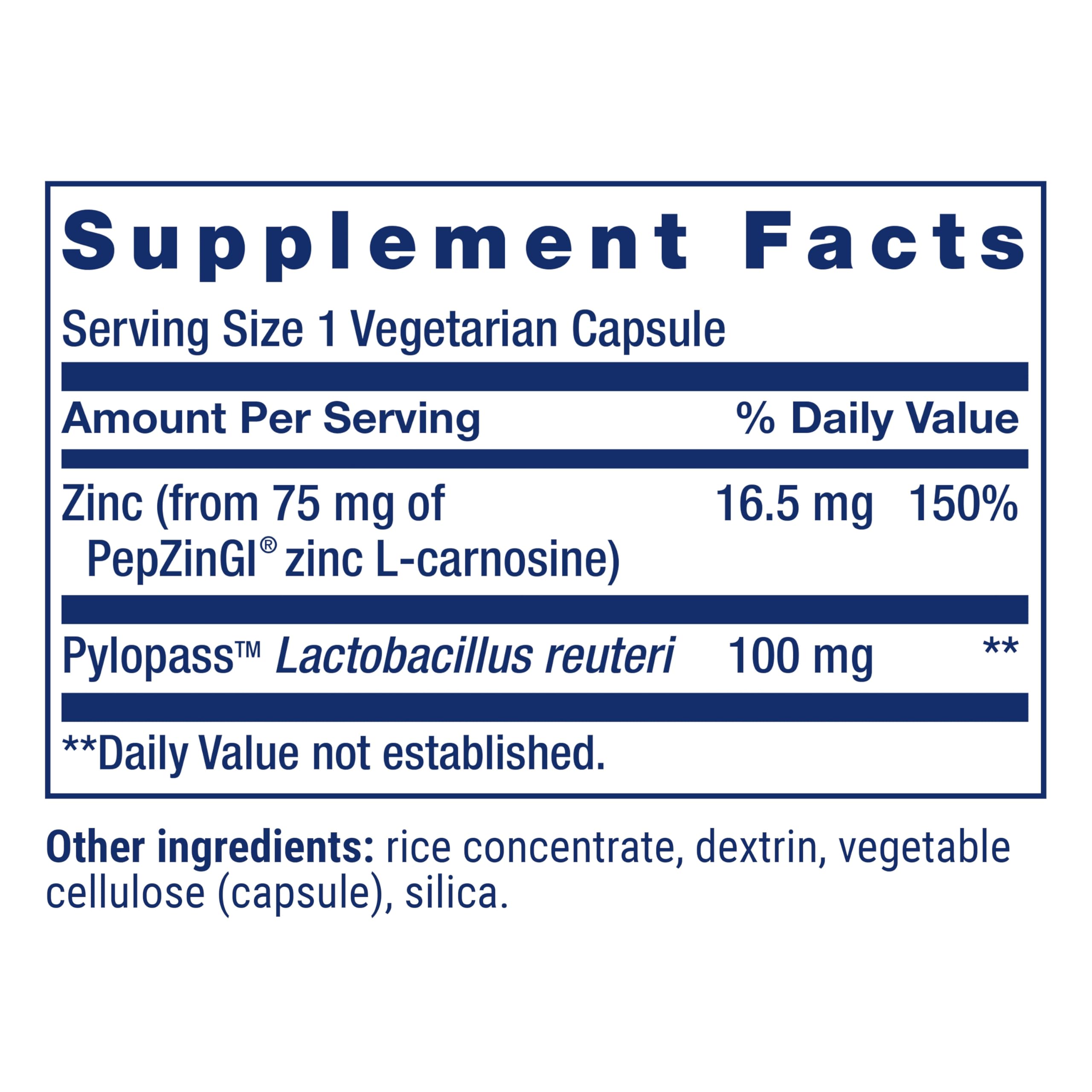 Gastro-Ease ingredient label close-up highlights zinc L-carnosine and Pylopass