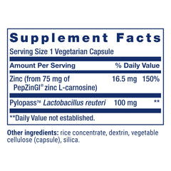 Gastro-Ease ingredient label close-up highlights zinc L-carnosine and Pylopass