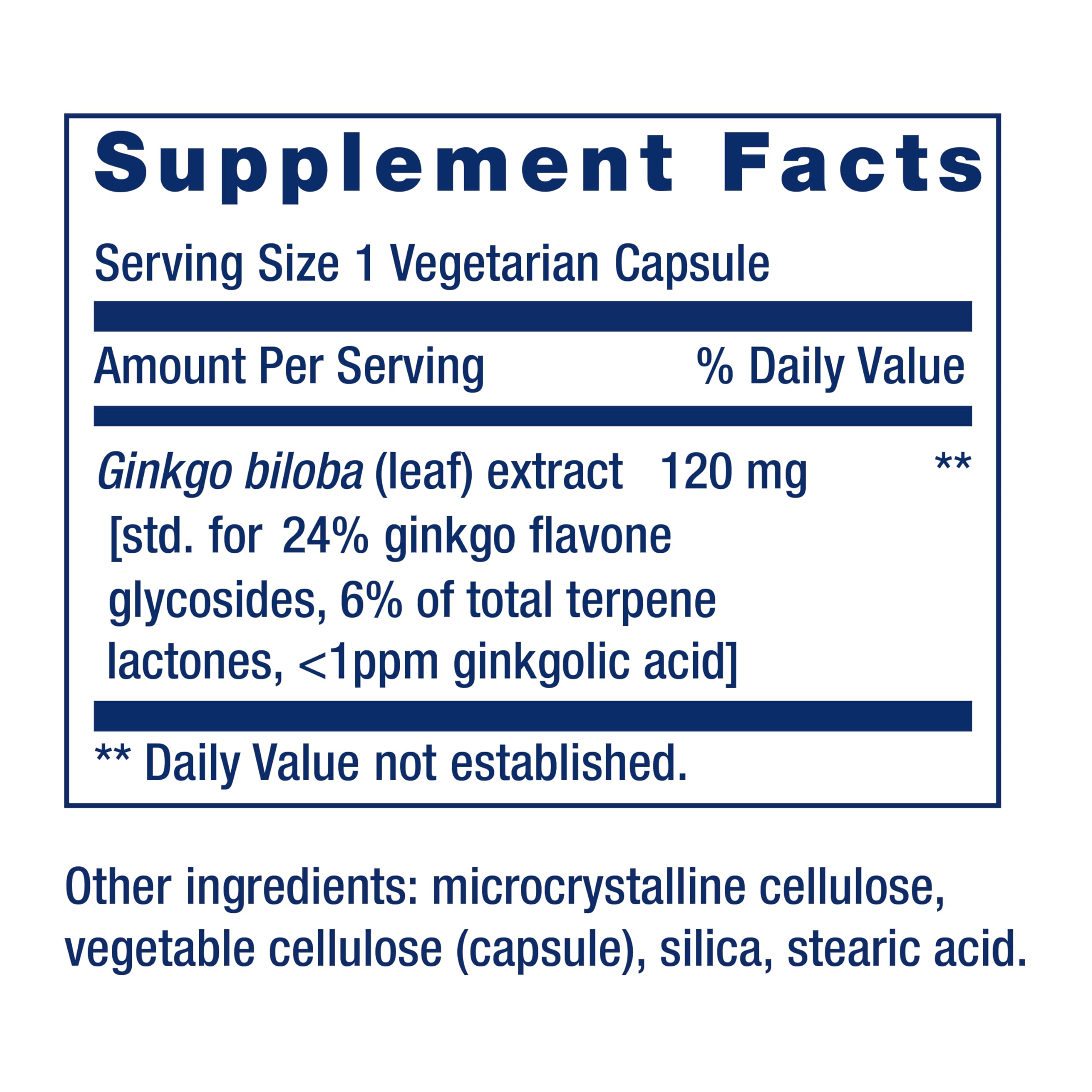 Life Extension Ginkgo Biloba label highlighting standardized extract details for consistency
