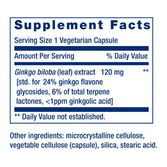 Life Extension Ginkgo Biloba label highlighting standardized extract details for consistency